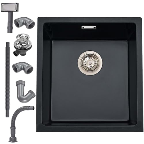 iAnomla Fregadero Cocina Negro, 40 X 45 cm, Fregadero Bajo Encimera de Granito de Una Cubeta, Para Empotrar O Bajo Encimera, Con Rebosadero Y Desagüe, Apto Para Estaciones de Trabajo Y Barra