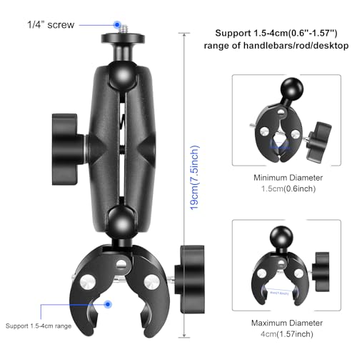 Super Clamp Crab Action Camera Motorcycle Handlebar Fixed Bracket Clamp 360° Rotation Ball Head for DJI OSMO 360, Tripod Rod Stand Mount Compatible with Gopro/insta360 X5 X4 X3 and other (0.6"-1.57")