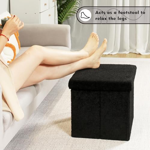 Bonlife Boucle Ottoman Storage,Foot Rest Stool Seat,Folding Footstool for Living Room,Sherpa Ottoman for Bedroom,Black,40x40x40cm
