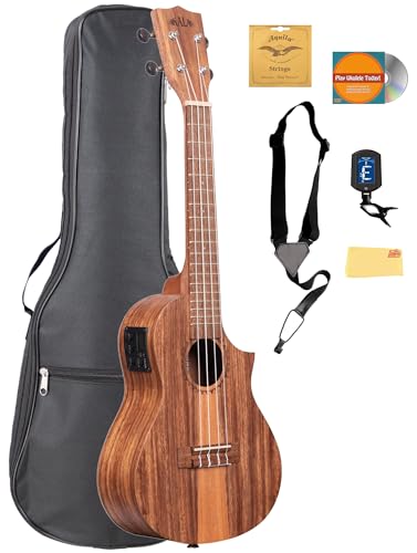 Kala KA-TK-C-CE Teak Tri-Top Concert Ukulele w/Cutaway and EQ Bundle with Gig Bag, Tuner, Aquila Strings, Strap, Austin Bazaar Instructional DVD, and Polishing Cloth