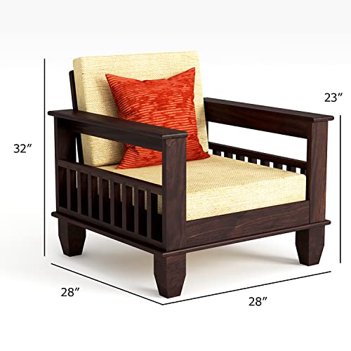Image of Solid Sheesham Teak Wood Wooden Sofa Set 5 Seater Home Furniture Living Room | (Wooden Sofa Set 3+1+1) |Teak Wood Furniture | Sofa Set 5 Seater | Without Pillow | Cream Cushions