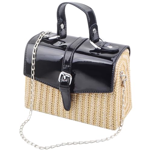 1pcs Handwoven Square Straw Handbag Shoulder Purse Retro Small Straw-woven Leisure Box Tote Rattan Bag Crossbody Bag With Chain Strap for Women Ladies Summer Beach