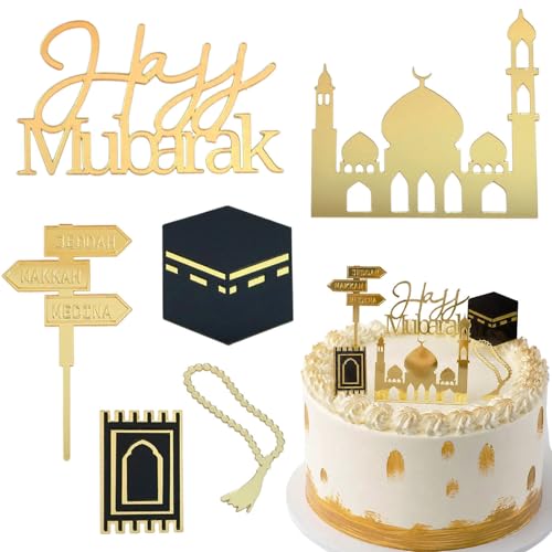 Crazy Night Golden Acrylic Hajj Mubarak Cake Topper pack of 6,Islamic Celebration Decoration for Hajj & Umrah, Elegant Muslim Party Supplies (Hajj)