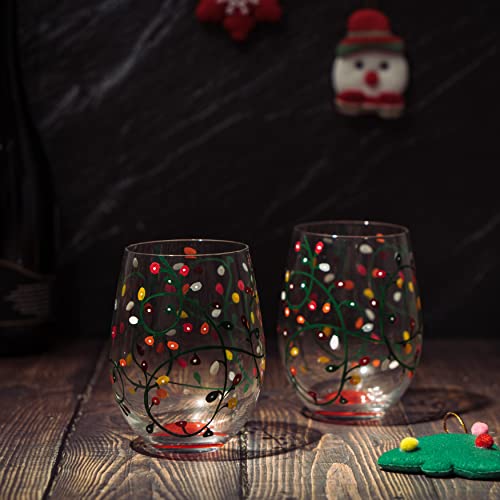 Themed Lights Stemless Wine & Water Glasses - Artisanal Hand Painted Ornament Light Bulbs Glasses - Xmas Tree - Set Of 2, 17.5Oz - Santa Festive Theme Stemless Glass #TOP3