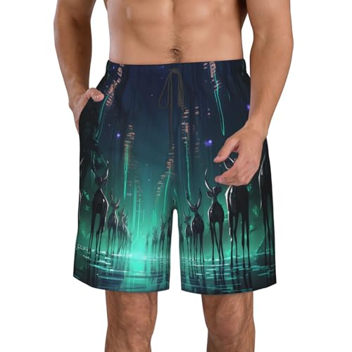 Deer On City Streets Men's Beach Pants-Quick-Dry & Comfortable Mens Beach Shorts for Men, Perfect for Surfing and Everyday Wear White