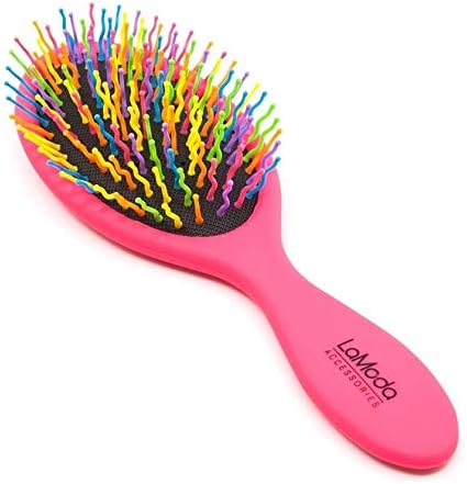 Hair Detangler Brush. Rainbow Coloured Detangling Bristles. Pink and Orange Matte Finish Handle Variations. Colour Received Will Vary