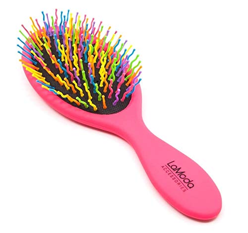 LaModa Hair Detangler Brush. Rainbow Coloured Detangling Bristles. Pink and Orange Matte Finish Handle Variations. Colour Received Will Vary