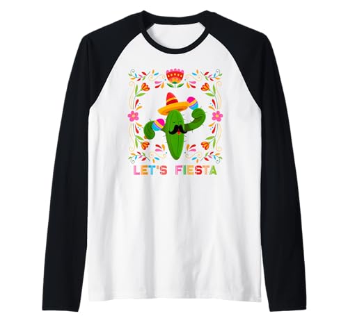 Lets Fiesta Cinco De Mayo with Guitar Cactus Sombrero Maraca Camiseta Manga Raglan