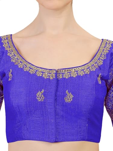 Pujia Mills Women's Silk Heavy Embroidery Peacock Khatli Work with Stone Work Readymade Blouse Sleeve_Type: Half Sleeve