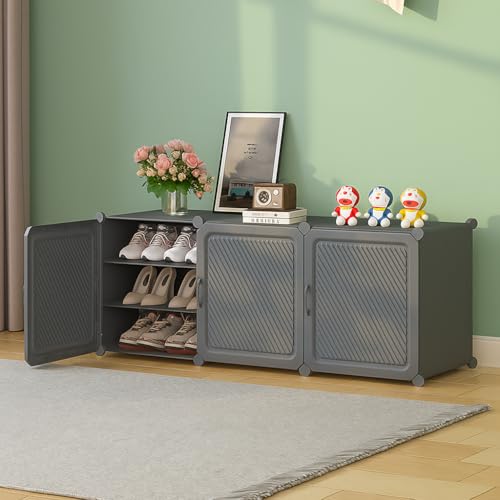 Image of Mevigo 9-Tier Shoe Rack with 3-Doors| Holds 18-Pairs |Waterproof & Dustproof Modular Plastic Shoe Cabinet| Foldable Stackable Shoe Organizer with Metal Frame |Space Saving Storage for Home,Entry Way
