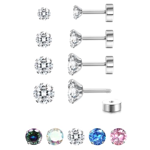 JeweBella 4 Paar G23 Titan Ohrringe Damen Herren Kinder Medizinische Ohrstecker Hypoallergen Cubic Zirkonia Titan Ohrstecker Set Gesundheitsstecker Ohrringe Set Knorpel...
