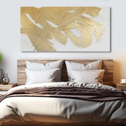 Image of Gold Abstract Wall Art White and Gold Modern Framed Painting Texture Artwork for Living Room Office Dining Room Pictures 24x48 Inch Hand Painted