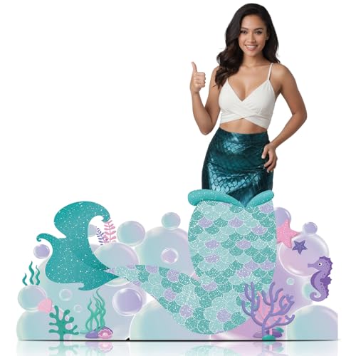 Image of DoubleFill 4.6 ft Mermaid Tail Cardboard Cutout Stand up Life Size Under the Sea Ocean Theme Party Decorations Backdrop Mermaid Tail Photo Booths Prop Standup for Ocean Themed Birthday Party Supplies