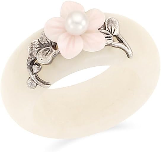 MINWHEE The King’s Affection, White Pink Flower Pearl Ring SV925, Antique Silver, SV925, Jade, Conch, Freshwater Pearl, width : 7.8 mm, Korean Handmade Accessories & Jewelry, 5.18g