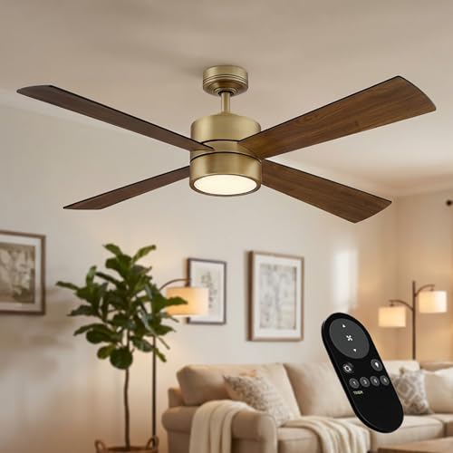 Parrot Uncle Gold Ceiling Fans with Lights and Remote 52 Inch Ceiling Fan with Light Low Profile for Bedroom, Dimmable LED, Quiet AC Motor, 6 Speeds, 4 Walnut Reversible Blades, Indoor Outdoor