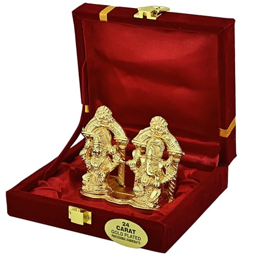 Image of 24K Gold Plated Brass Laxmi Ganesh Idol, Handicraft God Statue for Home Temple Office & Pooja, Murti for Mandir & Decor Diwali Gift, Wedding Anniversary & Corporate Gift, Housewarming- 3 inch, 400gm