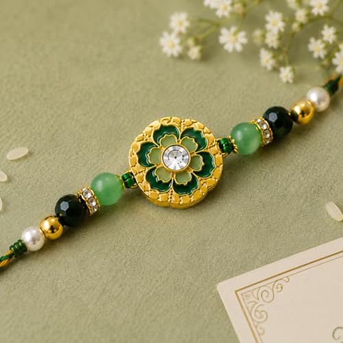 Image of JAIPUR ACE Elegant Blue inchBRO inch Designer Rakhi Gift Set with Greeting Card and Roli Chawal Pouch, Premium Brother Rakhi, Festive Raksha Bandhan Gift for Brother, Traditional (Green Elegant Rakhi)