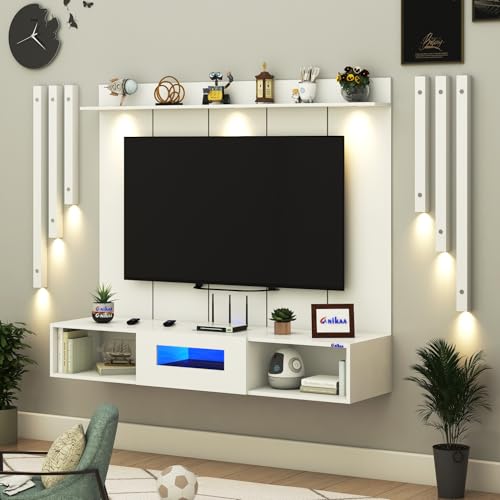 Image of Anikaa NovusPro Engineered Wood Wall Mount TV Unit with PVC Back Panel, Acrylic Blue LED Storage Box, Side Wooden Accent Spot Light Panels I Deal for Up to 50 Inch TV (White - DIY Installation)
