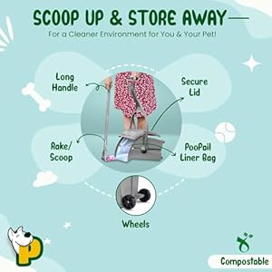 PooPail – Tall with Wheels, 2-in-1 Backyard Dog Poop Solution, Pooper Scooper with 1-Week Odor-Reduced Poop Storage, Pet Supplies, Includes 10 Unscented, Poop Bags, Gray