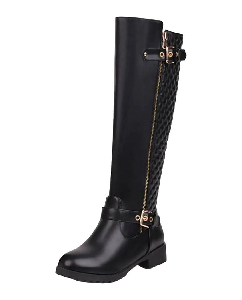Womens Long Leather Knee High Boots Round Toe Chunky Low Heel Zipper Belt Dress High Boots Stylish Footwear