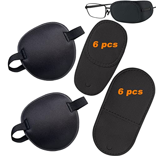 THSIREE 2PCS Eye Patch, Adjustable Eye Patches with 12PCS Medical Eye Patch for Glasses, Amblyopia Lazy Eye Patches for Left or Right Eyes, Black