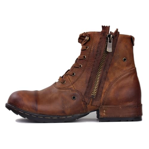 Image of OSSTONE Moto Boots for Men Fashion Zipper-up Leather Chukka Boots Casual Shoes Retro Style OS-5008-8-Retro-US
