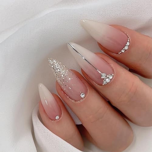 Image of Silver Glitter Press on Nails French Tip Fake Nails Medium Almond False Nail with Rhinestone Design Nude Glossy Artificial Acrylic Full Cover Diamond Glue on Nail for Women Christmas Manicure 24Pcs
