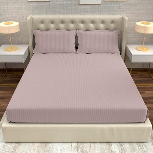 Image of Divine Casa 100% Cotton King Size Bedsheet 210 TC Italian Stripe | Soft Breathable Luxury Bed Sheet with 2 Pillow Covers | Elegant Stripe Bedding Set for Bedroom | 275 x 275 cm (Coffee, Striped)