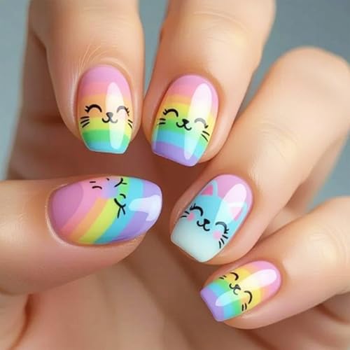 Rainbow Press on Nails Short Square False Nails with Cute Cat Design Glossy Rainbow Fake Nail Full Cover Stick on Nail for Women Daily Party Wear Smile Glue on Artificial Fingernails