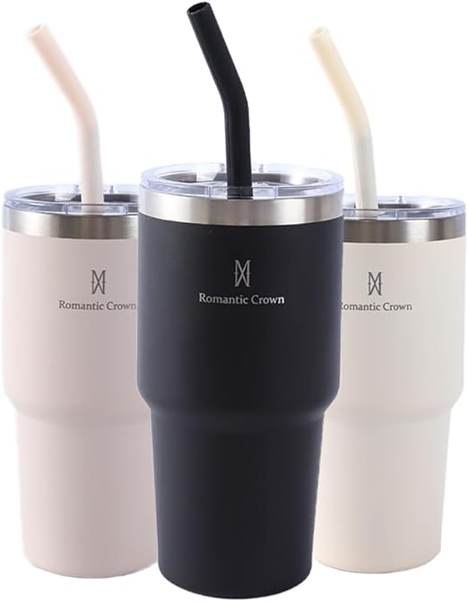 Romantic Crown Copo Térmico com Aço inoxidável Canudo e Tampa 591ml, Copos Garrafas Termico para viagem isolamento a vácuo,Caneca Termica Cafe,Água,Chá,Presente,Fitness (Rosa claro-591ml)