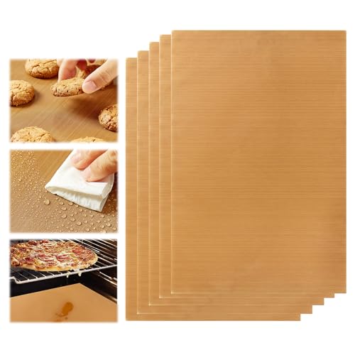MUYAPAY Lot de 5 Feuille Cuisson en Teflon Papier Feuilles Réutilisable Tapis 30×40 cm,Résistant à 270°C,Toile Huilée Haute Température Téflon, Plaque...