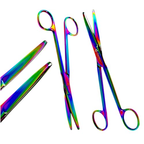 Set of 2 Mayo Dissecting Scissors, Blunt Tips, Straight and Curved Set, Size 6.75in (17.15cm) Rainbow Titanium - German Stainless Steel - Threat and Bandage Cutting Scissors Universal
