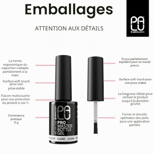 PALU – Gel Constructeur Coloré 2-en-1 pour Ongles – Gel UV/LED en Flacon avec Pinceau – Consistance Moyenne, Auto-nivelant, Formule One Phase – Pro Master Bottle Gel 11g Clear – vue 2