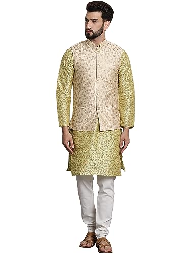 Image of SOJANYA (Since 1958 Men's Cotton Linen Maroon Kurta and White Pyjama with Mustard Cotton Nehru Jacket