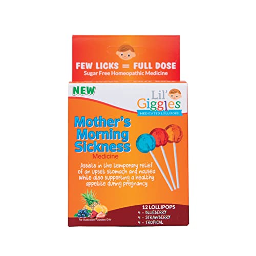 Lil' Giggles Mom's Medicated Lollipops - Gentle Relief for Mom's Morning Sickness and Nauseas - Non-Drowsy - Blueberry, Strawberry, and Tropical 12 CT
