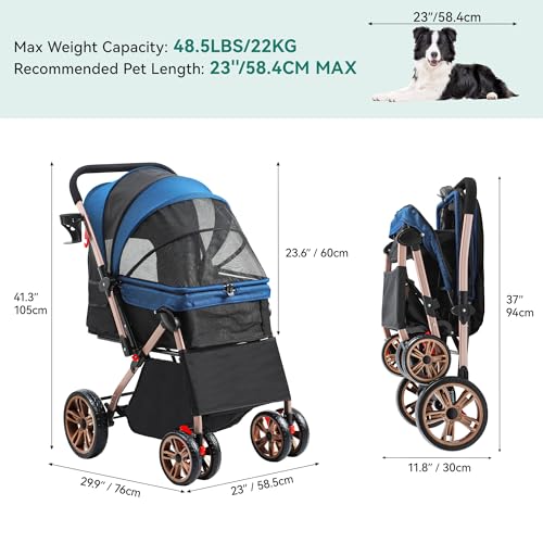 YITAHOME Hundebuggy für Hunde Hundewagen Klappbar bis 22 kg hundetrolley mit 4 Rollen für Mittelgroße Hunde Welpen und Katzen Netzfenstern Verstellbarer Griff