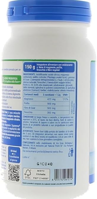 Natural Point – Magnesio Supremo Regularidad 150 gr + H2O Prozis de regalo – Fórmula digestiva con hinojo, relajante
