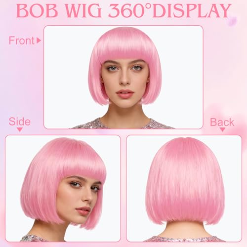 Image of MEEZY 2 Pcs Colorful Bob Wigs with Bangs Pink Sky Blue for Women, Neon Funny Wig Short Bob Hair with Heart Sunglasses Hair Cap for Halloween Costume Cosplay Birthday Bachelorette Party Carnival