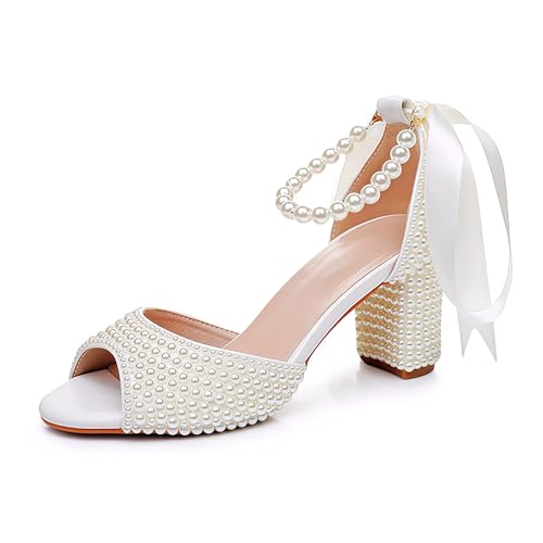 Image of Goolita Pearl Heels For Women Mid Block Ankle Strap Heeled Sandals Round Open Toe Party Evening Bridal Shoes For Wedding