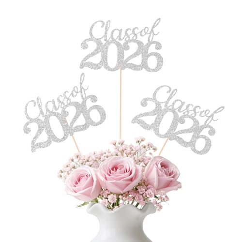Silver Class of 2026 Graduation Table Centerpieces, 12 Pcs Grad Party Decorations with Sticks, Graduation 2026 Party Supplies for Table Décor