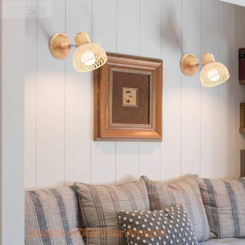 Aplique regulable para pasillo salon café iDEGU lámparas de pared interior madera ratán 2 uds 2