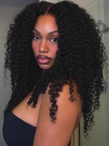 Image of KLAIYI 13X4 Pre Everything Burmese Curly Wig With Finger Coil Ends Put On and Go Spiral Curls Lace Front Human Hair Wigs Drawstring Glueless Precut Ear to Ear HD Lace Pre Plucked Bleached Knots 26Inch