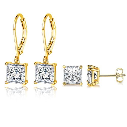 18K �z���C�g�S�[���h���b�L ���E���h �v�����Z�X�J�b�g �N���A �L���[�r�b�N�W���R�j�A �e�B�A�h���b�v �_���O���C�������O �����p ��h����, 2 pairs - Round dangle and stud earrings, �^�J, �L���[�r�b�N�W��