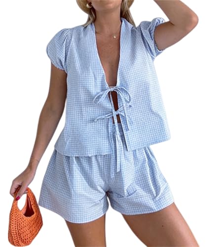 Image of Thopavenoir Women 2 Piece Casual Lounge Sets Y2k Puff Sleeve Peplum Shirt Tie Front Tee Shirt Shorts 2pcs Pajamas Sets