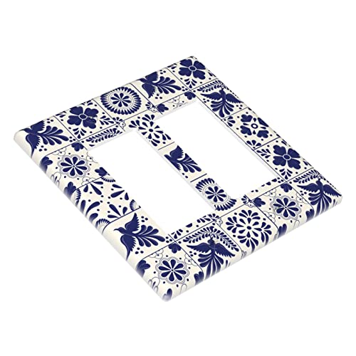 Mexican Talavera Tile 2-Gang Rocker Wall Plate Cover,Double Rocker Decorator Light Switch Cover Switch Plate Cover Receptacle Outlet Cover 4.50" X 4.57"Inch #TOP2