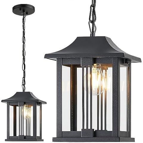 KAUEN Outdoor Pendant Light, 11.7" Outdoor Chandelier for Porch, Exterior Hanging Lantern for Front Door Ceiling Entry, Anti-Rust Aluminum with Clear Glass, 2572-1H Cover