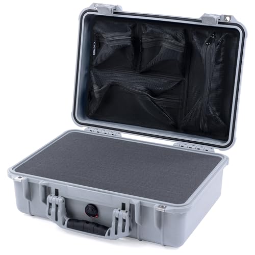 ColorCase Pelican 1500 Case Silver - Medium Size Waterproof Case with Pick & Pluck Foam Set & Mesh Lid Organizer - Silver Handles & Latches