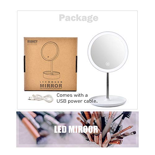 Afulili Led Lighted Makeup Mirror With 3 Color Lighting Dimmable Touch Screen Ewelry Storage Desktop Lighting Mirror Bedroom Mirror 360° Adjustment (Flat, White) #TOP6