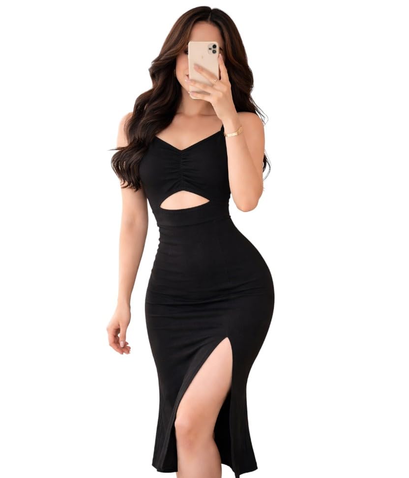 Image of IUGA Women's Cut-Out Midi Dress with Side Slit | Elegant Bodycon Dress