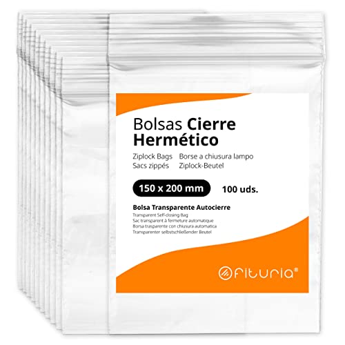 Bolsas con Cierre Hermético de Plástico Transparentes Ideales para Congelar Alimentos, Guarda Documentos, Bolsas Reutilizables y de Conservación   Ofituria (100 Bolsas, 150 x 200 mm)